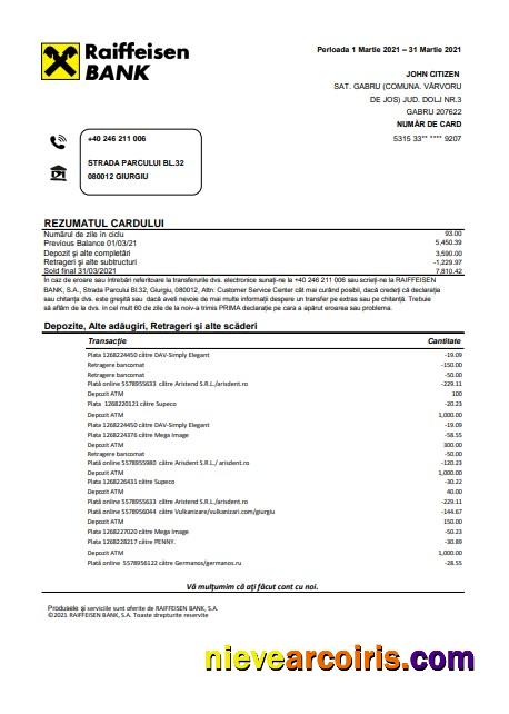 Romania Raiffeisen bank statement in Excel and PDF format (in Romanian language)